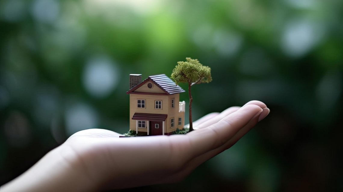 Ręka trzymająca mały domek z drzewem 